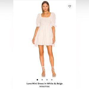 Minkpink tan and white puff sleeve dress